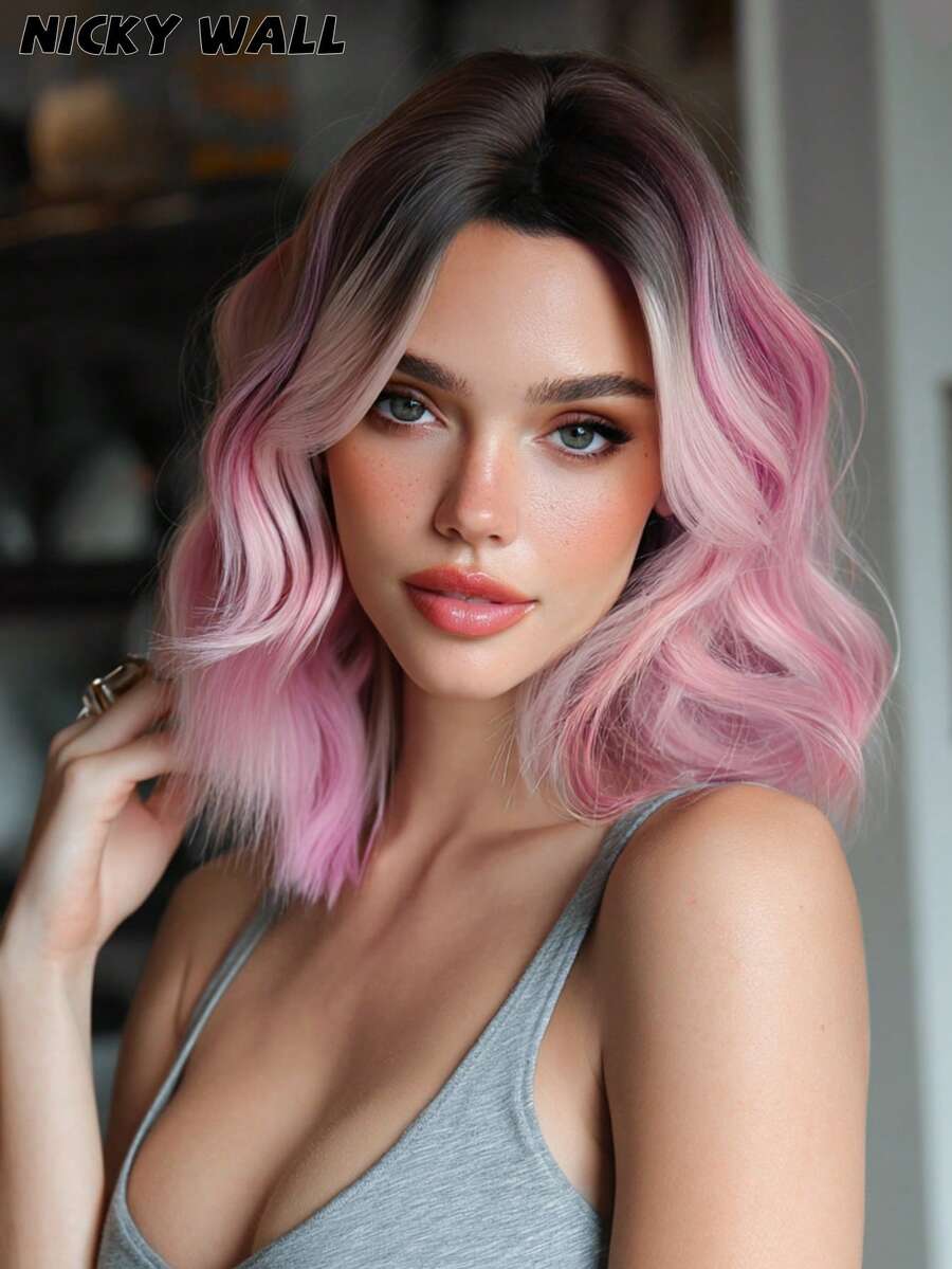 NICKY WALL 14-Inch Short Wave Pink Ombre Wigs For Women,Elegant Wavy Bob Wigs With Curtain Bangs,High Quality Soft Synthetic Fiber Wigs For Women Daily Wear, Festival Ready Party Use, Graduation Gift - Beginners Glueless Wig Accessorie - 漸層粉紅色 - 查看 1