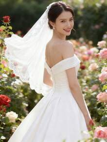 90cm White Single-Layer Lace Veil, Bridal Headpiece For Bachelorette Party, Wedding Ceremony, Photo Shoot,Festival,Elegant - White - View 5