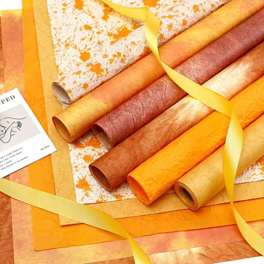 Sunset Golden Autumn Orange Fenghua Wrapping Paper Embossed Paper Autumn Winter Bouquet Floral Material Handmade DIY Flower Shop Packaging - Cuộn nhuộm thực vật [Hoa Lôi Vàng] 53cm*6 yard/cuộn - Xem 1