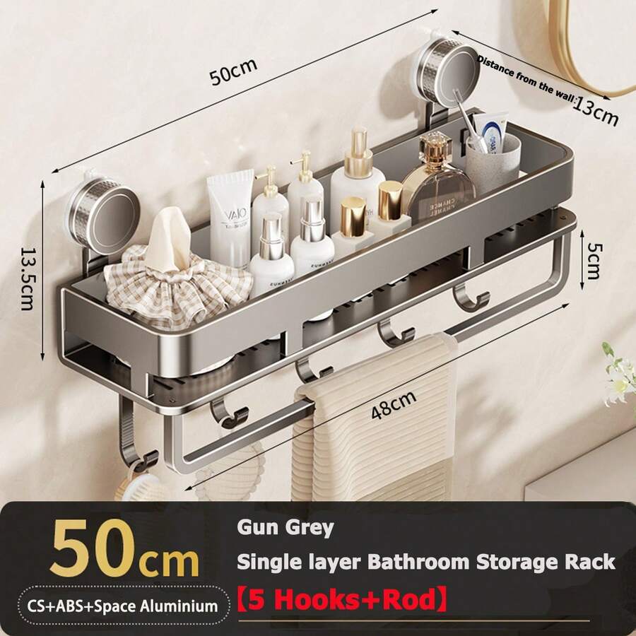 Easy To Install Suction Cup Shower Storage Rack - Durable Anti Rust Plastic Wall Mounted Floating Shelf, Strong Adhesive Design, Space Saving, Suitable For Shampoo, Soap And Toiletries, Easy Assembly, Bathroom Organizer, Durable Material, Stylish Shelf, Corrosion-Resistant Material - 50cm-附吸盤 - 查看 1