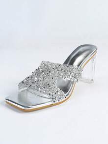 Giày sandal hở gót đế dày bằng nhựa PVC trong suốt pha lê sâm panh thời trang dành cho nữ, trang trí lấp lánh, thích hợp cho tiệc tùng, mùa hè, trong nhà & ngoài trời, khu nghỉ dưỡng bãi biển - Bạc - Xem 7