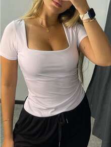 Set Of 3 Basic Blouses In Spandex With Square Neckline And Short Sleeves (Lined) - 軍綠色/白色/棕色 - 查看 4