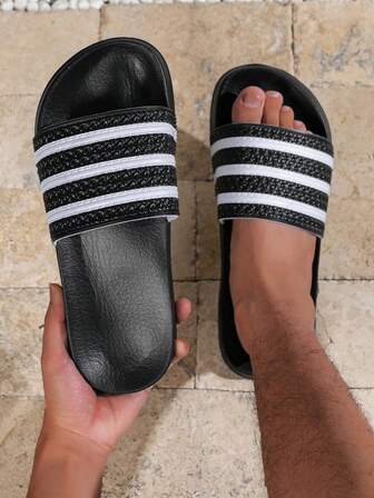 男士经典黑白条纹套脚拖鞋，加厚EVA鞋底，足弓支撑，四季皆宜的舒适室内/室外鞋