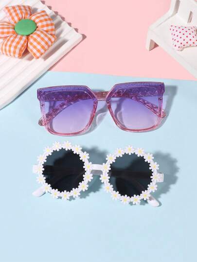 一套两副眼镜，男女童适用，4-8岁，波西米亚风花卉框和休闲方形框时尚眼镜，适合搭配各种服饰，适合假日外出，附眼镜盒。