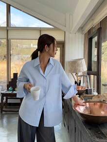 Women's Light Blue Long Sleeve Button-Down Shirt With Collar And Pockets, Regular Length, Non-Stretch Polyester Fabric, Classic Women's Long Sleeve Shirt, Fashionable Casual Wear For Daily Office - Baby Blue - View 2