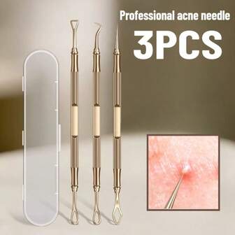 3 st kopparfärgad pormaskborttagningsset, aknenål i rostfritt stål, professionella ansiktsrengöringsverktyg för salongbruk för borttagning av pormaskar, finnar och akne