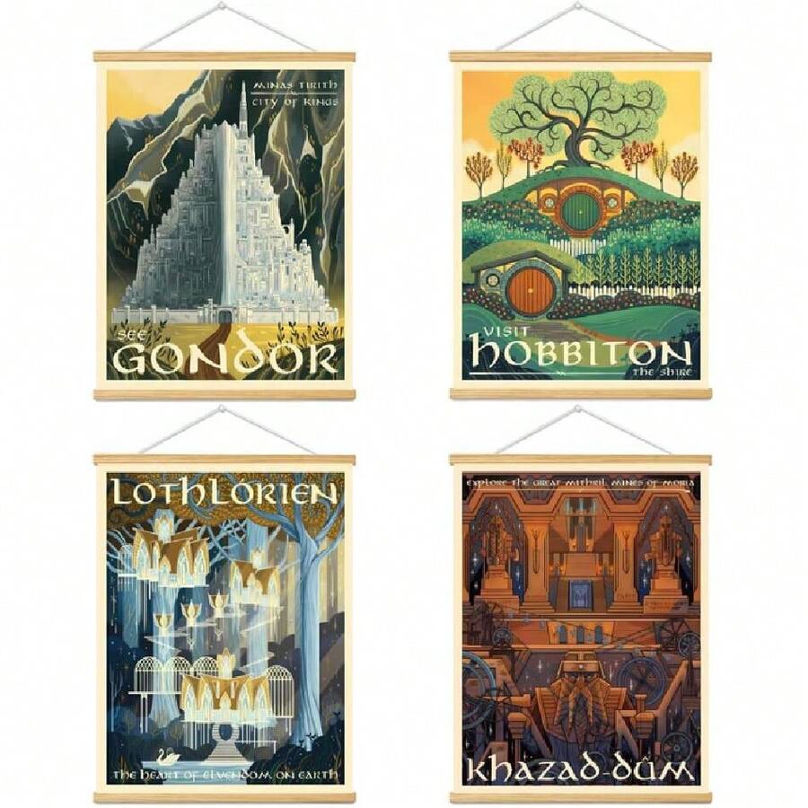 Middle Earth Landscape Wall Art Prints Canvas PaintingFantasy Posters, Wall Pictures, For Travel Gift, Canvas Art With Frames, For Office Home Dr Bedroom Living Room Wall Dr.,27270331 - Màu hồng gỉ - Xem 1