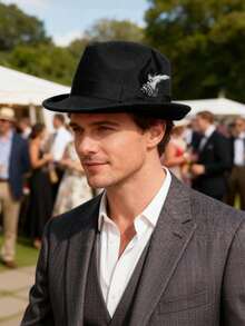 Classic Fedora Hats For Men Gentleman Short Brim Felt Feather Panama Dress Hat - 黑色 - 查看 2