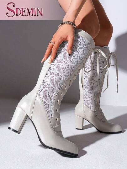 SDEMIN Women's White Floral Lace Over-The-Knee Boots - Vintage Elegant Chunky Heel Style, Rear Zipper For Easy On/Off, Adjustable Front Lace-Up For Calf Circumference, Faux Leather & Delicate Lace Design, Suitable For Spring/Summer Weddings, Parties And Dates.