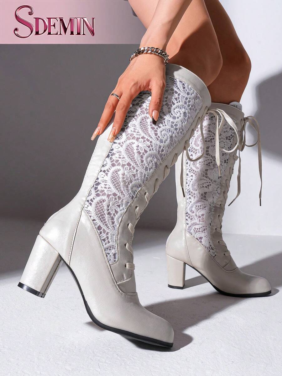 SDEMIN Women's White Floral Lace Knee-High Boots - Vintage Elegant Block Heel Style With Rear Zipper For Easy On/Off & Front Lace-Up For Calf Adjustment, Faux Leather & Delicate Lace Design For Spring/Summer Weddings, Parties & Dates - White - View 1