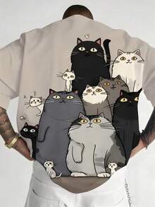 Plus Size Men's Casual Round Neck T-Shirt, Polyester Knit Fabric Comfortable & Breathable, Fashionable Funny Cartoon Cat Family Print, Casual Street Style Design, Novelty Personalized Top - Beige - View 2