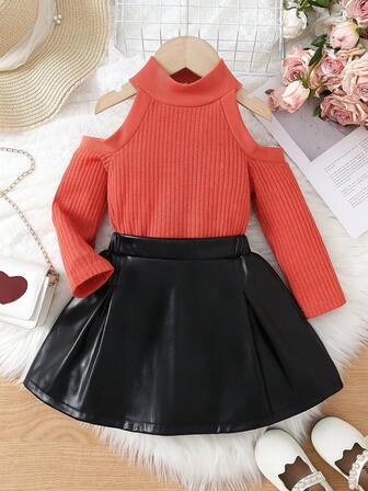 2 件女童罗纹圆领露肩毛衣和 PU 裙套装，纯色，秋冬