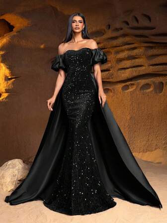 Faeriesty Style Elegant Off-The-Shoulder Short-Sleeve Sequin Mermaid Evening Gown With Dramatic Fish-Tail Train: Perfect For Black-Tie Galas, Formal Wedding Receptions, Opera Premieres, Awards Ceremonies, And Charity Galas