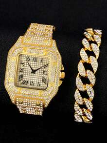 2 件/套时尚奢华极简主义小众高端水钻镶嵌方形表盘罗马数字刻度钢表带男表 + 手链套装，适合日常搭配、生日、女性礼物、周年纪念、年终促销、光棍节、万圣节促销等节日礼物，无礼盒 - 彩色 - 查看 12