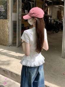 夏季韩版蕾丝边下摆蝴蝶结装饰T恤，青春百搭 - 白色 - 查看 4