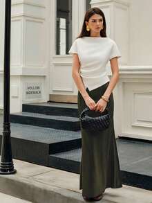 1pc Solid Color Casual Elegant Denim Zipper A-Line Skirt, Suitable For Daily Wear In Summer - Green - View 10
