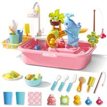 4-In-1 Pretend Play Kitchen Sink Water Play Table Interactive Washing Up Toy - Pink - View 1
