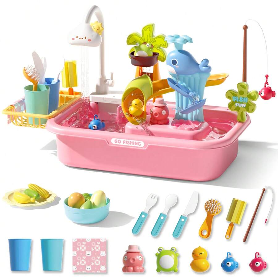 4-In-1 Pretend Play Kitchen Sink Water Play Table Interactive Washing Up Toy - Pink - View 1