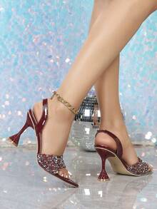 Women's Fashionable Elegant Burgundy Rhinestone Decor Pointed Toe Ankle Strap High Heel Sandals, Charming Glamorous Sparkling Party Wedding High-End Event Outdoor Activity Daily High Heels,Spring Summer Outfits - Burgundy - View 5