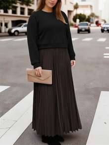 大码休闲纯色长袖针织拼接褶裥中长连衣裙，优雅女士连衣裙，黑色连衣裙，女士黑色连衣裙 - 黑色和棕色 - 查看 4