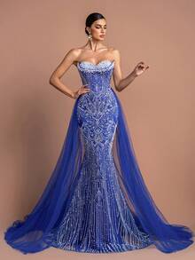 Elegant Women's Strapless Long Party Dress, Adorned With Delicate Pearl And Contrast Mesh Details - 寶藍色 - 查看 6