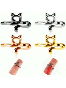 4pcs Adjustable Crochet Hooks With Threaded Rings, Cute Cat Style Knitting Tools, Unique Knitting Jewelry Accessories - Multicolor - View 2
