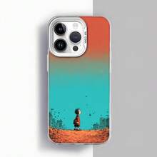 Cubierta de teléfono con diseño degradado naranja y turquesa con ilustración de niño en paisaje urbano para iPhone 14 Pro Max funda protectora estilo artístico para uso diario Aplicable a teléfonos Apple y Galaxy. - Negro - Ver 3
