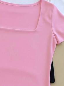 Set Of 3 Basic Blouses In Spandex With Square Neckline And Short Sleeves (Lined) - Marrón/Negro/Rosa - Ver 3