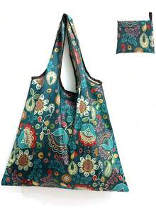2pcs Foldable Large Capacity Floral Print Shopping Bags, Reusable Grocery Tote Bags, Creative Portable Handbag