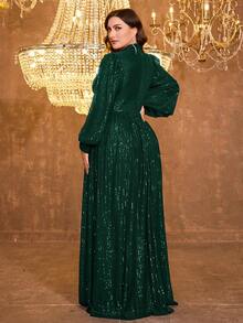 UNITHORSE Elegant Formal Lantern Sleeve Sequin Embellished Cross V-Neck Party Dress - Dark Green - View 2