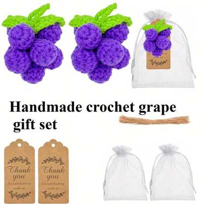 8pcs/2sets Handmade Crochet Grape Gift Set, Multi-Item Party Favor Pack - Purple Woven Hanging Decor With Green Leaves, Crochet Artificial Fruit, Suitable For Farmhouse Wedding Decoration, Keychain Charm, Rustic Tabletop Centerpiece, Home & Car Decor