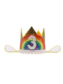 Sombrero de fiesta de cumpleaños con corona dorada con brillo arcoíris y dibujos animados, números adhesivos hechos a mano 1 2 3 4 5 6 7 8 9 corona arcoíris, sombrero de corona para fiesta de eventos festivos, sombrero de fiesta de cumpleaños - Dorado - Ver 13