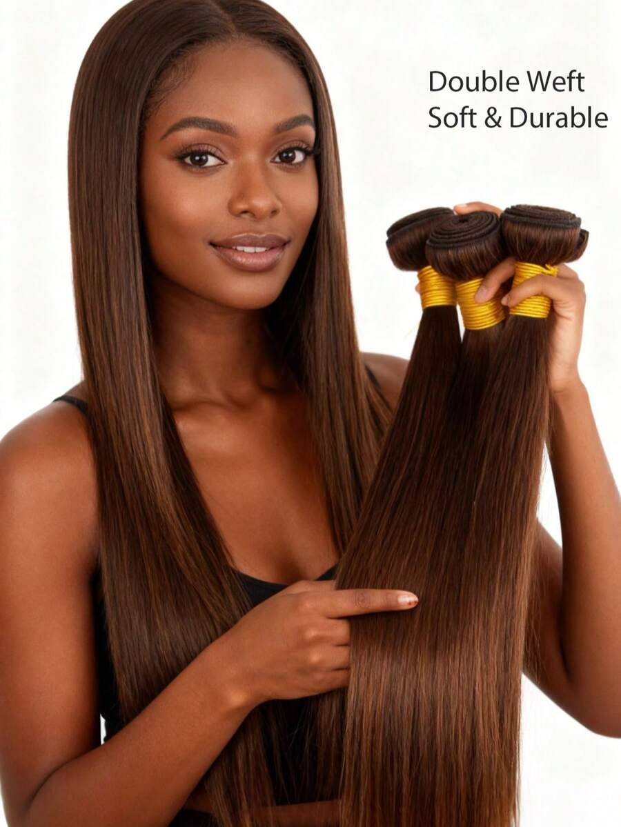 3pcs Brazilian Remy Human Hair Bundles #4 Chestnut Brown Straight Hair Extensions, 10A Unprocessed Hair Weave, Christmas/Holiday Gift