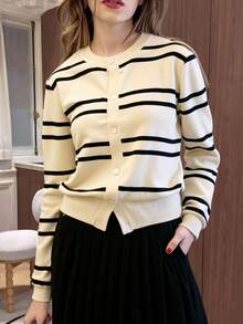 Cárdigan de punto a rayas estilo bohemio informal para mujer, manga larga, cuello redondo - Albaricoque - Ver 4