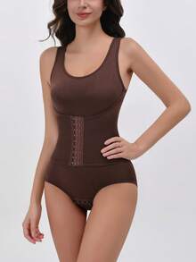 Women's Brown Bodysuit Shapewear - Tummy Control, Waist Tightening And Hip Lifting, Wide Shoulder Bodysuit, With Adjustable Three-Row Buckle - Brown - View 4
