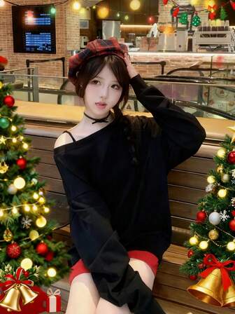 Women's Black Y2K Minimalist Sexy Exposed Shoulder Crew Neck Loose Long Sleeve Sweatshirt, Casual, Student, Street, Daily, Home, Party