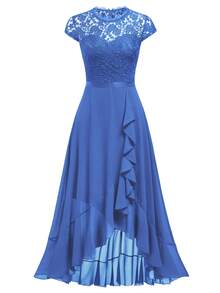 Contrast Floral Lace Chiffon Ruffle Hem Formal Party Long Dress - Blue - View 7