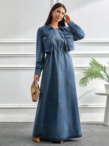 Tied Waist Denim Dress And Jacket Set - Blue - View 6