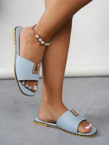 Sandals bệt màu đen: Quai PU mềm mại và thoải mái, mũi vuông, thiết kế xỏ chân, chống trượt, phù hợp cho mùa hè, đi biển, đi du lịch. Dép lê khóa nhựa phong cách retro: Phong cách "Nữ thần" cổ điển, khóa nhựa trang trí, thoải mái mặc ở nhà. - Màu xanh nhạt - Xem 5