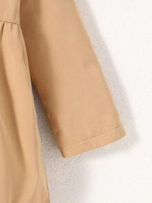 Young Girls Solid Color Casual Thermal Lined Double-Breasted Lapel Long Windbreaker, Autumn/Winter - Khaki - View 6