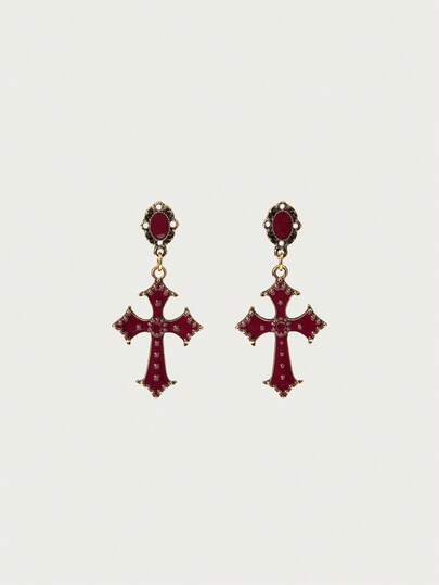 Glisma 1 Pair Gothic Dark Forest Chic Black Enamel Cross Drop Earrings For Women, Suitable For Banquet, Party And Daily Wear