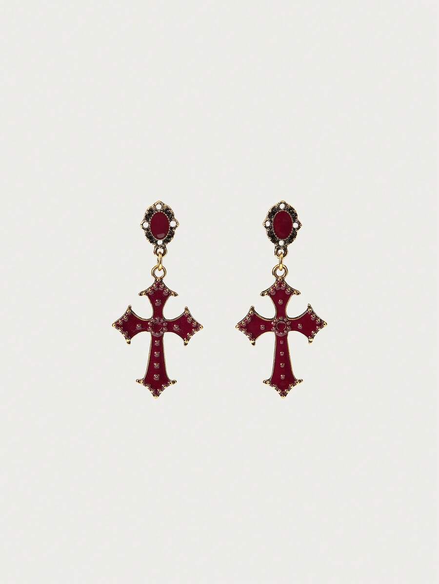 Glisma 1 Pair Gothic Dark Forest Chic Black Enamel Cross Drop Earrings For Women, Suitable For Banquet, Party And Daily Wear - Red - View 1