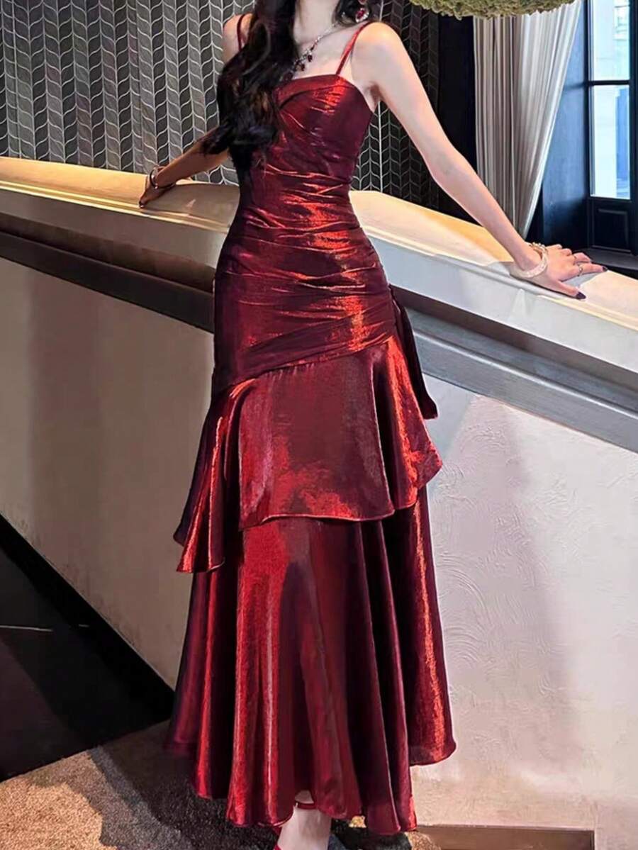优雅别致的酒红色女士时尚派对吊带鸡尾酒裙复古修身包臀生日吊带舞会红色礼服婚礼