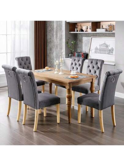 Samt Esszimmerstühle 2er Set Mit Eichenbeinen, Knopf, Chromklopfer Schlafzimmerstuhl Küchenstuhl Wohnzimmer Lounge Freizeitstuhl, Grau view 4