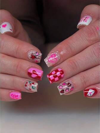 情人节美甲贴，每套24片，方形，红粉撞色，多色爱心图案，XO主题，扑克灵感，按压式短美甲贴，适合时髦女孩、OL、派对、约会、日常佩戴和节日场合。