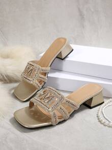 Sandali con tacco largo da donna, sandali slip-on con cinturini gioiello alla moda, adatti per appuntamenti, shopping, feste, riunioni, pendolarismo, lavoro, outfit primaverili ed estivi - Dorato - Visualizzare 3