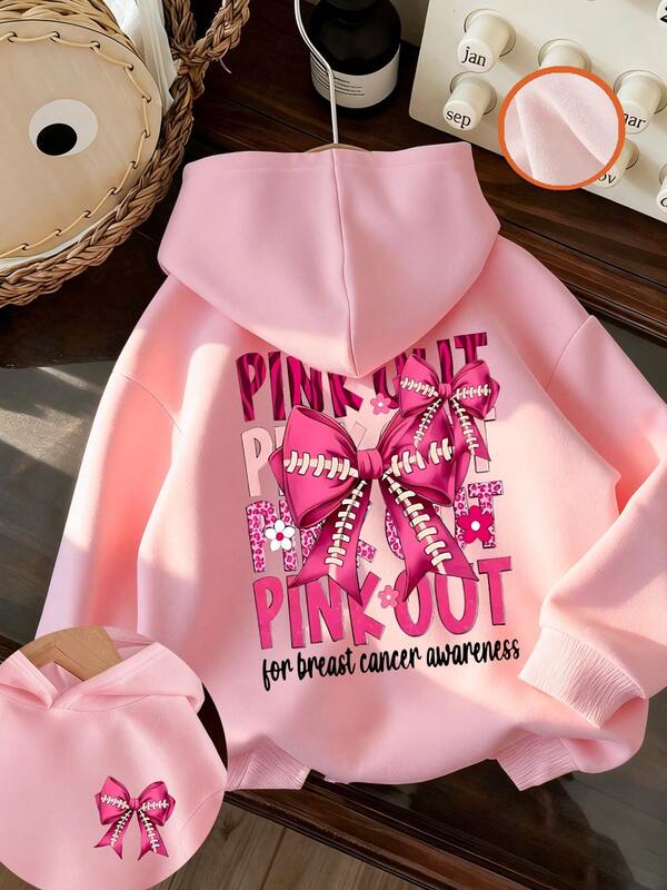 1pc Tween Girl Fleece Lined Warm Butterfly Print Pink Hoodie Sweatshirt, Young Student Clothing, Suitable For Kids Autumn/Winter Long Sleeve Top