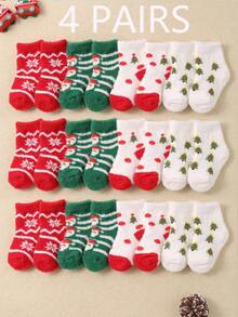 4 pares de calcetines navideños para bebé, con estampados de Papá Noel y árbol de Navidad, diseñados como calcetines hasta el tobillo para bebés. Son suaves, cómodos y casuales, adecuados como regalos navideños para niños, y son estilos de otoño e invierno. Regalos de Navidad/Acción de Gracias