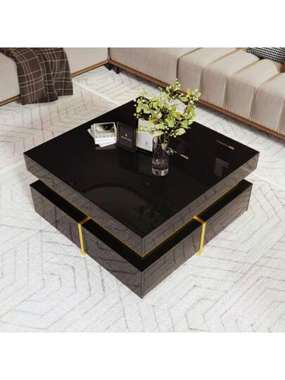 Couchtisch, Hochglanz Wohnzimmertisch, Beistelltisch Mit Schubladen Und Goldenen Akzenten view 2