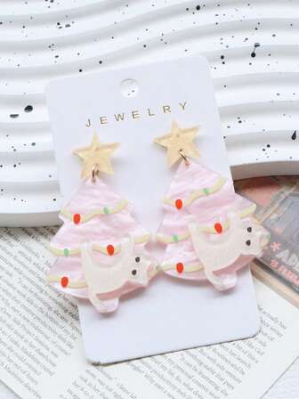 一对粉色亚克力圣诞树和可爱猫咪星星耳环，迷人的节日耳环